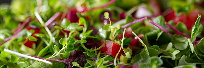 Poster - A close-up view of a fresh salad featuring an assortment of vibrant green, red, and purple microgreens. Generative AI