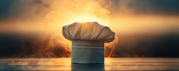 A chef's hat illuminated by dramatic lighting, evoking passion and creativity in the culinary arts. Perfect for restaurant or cooking themes.