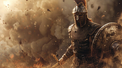 A Roman warrior in full armor stands ready for battle with his shield and sword, amidst a dusty and fiery battlefield
