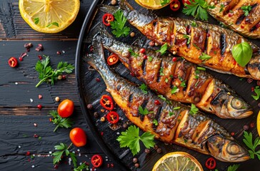 Wall Mural - Grilled Fish With Lemon and Parsley on Rustic Wooden Cutting Board