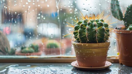 Poster - Cactus near window with raindrop in close up shot