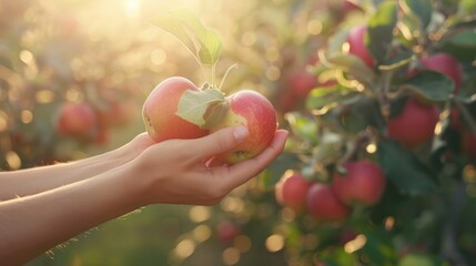 Wall Mural - A gardener' hand harvest fresh and healthy Red Delicious organic ripe apple from tree at agriculture fruit farm.	