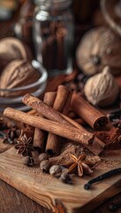 Wall Mural - A close-up view of baking spices, including cinnamon sticks, nutmeg, cloves, and vanilla pods, arranged on a wooden cutting board in a kitchen. Generative AI