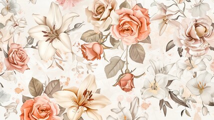 A watercolor pattern featuring pink roses and white lilies with brown leaves and stems on a cream background