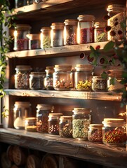 Aufkleber - A close-up shot of a wooden shelf in a kitchen, filled with glass jars containing various spices. The jars have cork lids and are neatly arranged on the shelf. Generative AI