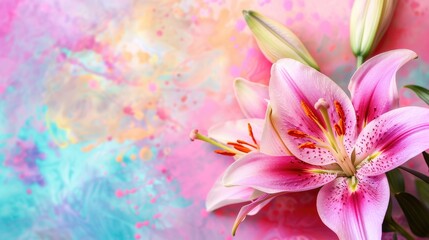 Wall Mural - Close up of pink lily flower on colorful backdrop with room for text