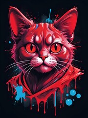 Poster - A cat with red eyes and a red shirt