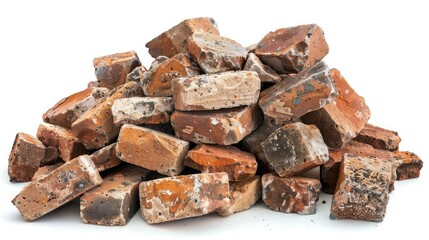 Canvas Print - Close-up of a big pile of bricks with visible mortar stains, isolated on a white background