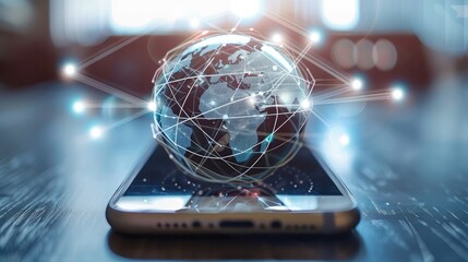 Wall Mural - Close-up of a smartphone displaying global communication network, highlighting internet business technology