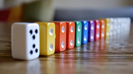 Line of white dominoes with one colorful domino standing out, symbolizing uniqueness and difference