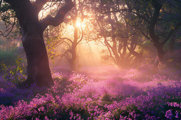 Wall Mural - Beautiful woodland bluebell forest in spring. Purple and pink flowers under tree canopy's with sunrise at dawn