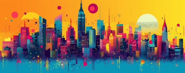 Vector illustration of a city skyline in pop art retro style