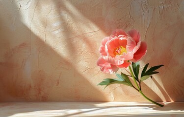Wall Mural - A Single Pink Peony Flower With Sunlight on a Beige Wall