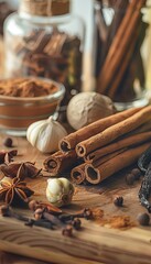 Wall Mural - A close-up of various baking spices, including cinnamon sticks, nutmeg, cloves, and vanilla pods, arranged on a kitchen countertop. Generative AI