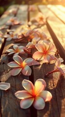 Wall Mural - Plumeria flowers on wooden table in sunlight, natural arrangement. Tranquility and nature beauty concept