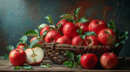 Wall Mural - Basket of red apples with dewdrops on a rustic wooden table, still life. Freshness and healthy eating concept