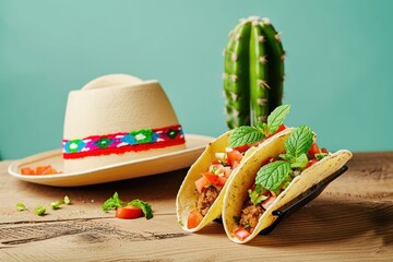 Canvas Print - Traditional Mexican tacos with meat and vegetables. Mexican Traditional Tacos isolated on Cactus and Sombrero hat background with copy space. Mexican Food Concept with Copy Space.
