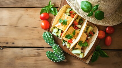 Poster - Traditional Mexican tacos with meat and vegetables. Mexican Traditional Tacos isolated on Cactus and Sombrero hat background with copy space. Mexican Food Concept with Copy Space.
