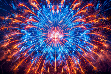 Wall Mural - Colorful blue and gold fireworks at night, pyrotechnics display, holiday show, 4th of July, New Year's Eve