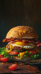 Canvas Print - Delicious cheeseburger with fried egg, bacon, and fresh vegetables, gourmet food concept