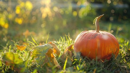 Close up of ripe pumpkin in grass with blurred patch backdrop and sunlight reflection