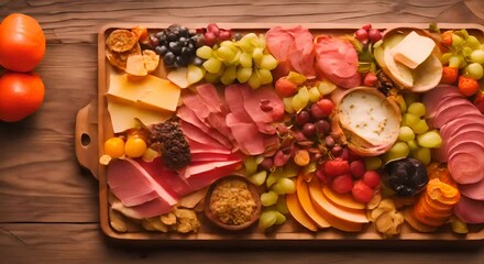 Wall Mural - Overhead perspective of charcuterie board showcasing meats cheese and fruit on wooden platter Concept Food Photography Charcuterie Board Meats and Cheese Fruit Arrangement Wooden Platter 4k