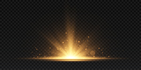 Poster - The effect of a bright golden flash of light on a transparent background with rays and glare. Light yellow light blur effect. Vector illustration 10 EPS for web design.