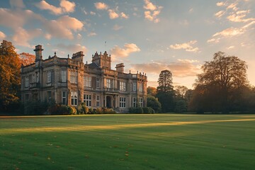 A grand English manor house stands on a grassy lawn with trees and a cloudy sunset in the background.