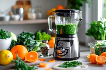 In kitchen setting smoothie maker at work. Сreating bright green detox drink full of essential nutrients.