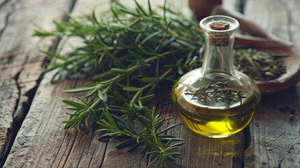 Poster - A close-up image of fresh rosemary, thyme, and oregano sprigs with a bottle of olive oil on a rustic wooden table. Generative AI