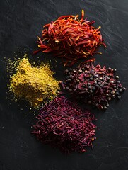 A close-up view of colorful spices, including saffron, curry powder, and annatto, arranged on a black background. Generative AI