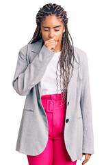 Sticker - Young african american woman with braids wearing business clothes feeling unwell and coughing as symptom for cold or bronchitis. health care concept.