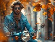 © aju215 - fashionable Milanese man in a denim jacket and chinos sitting on a Vespa urban background autumn leaves