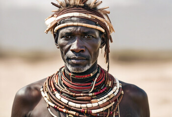 Wall Mural - Portrait of Turkana man in traditional clothes, copy space for text