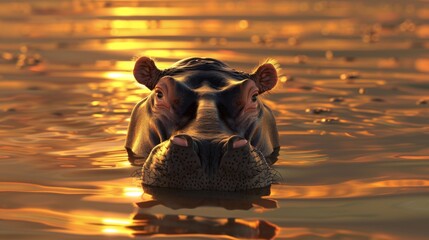 Wall Mural - Hippopotamus partially submerged in water at sunset, reflective golden light. Wildlife and nature concept