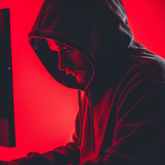 Poster - hoodie hacker invading a computer, red background