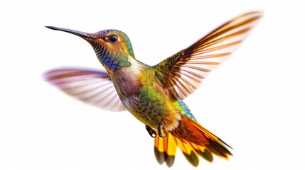 Wall Mural - Hummingbird in mid-flight with vivid colorful plumage, white background. Wildlife and nature photography concept