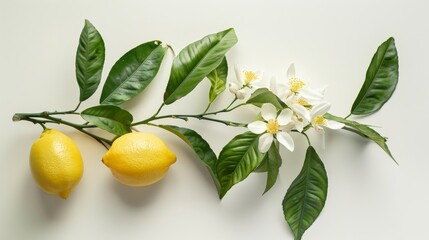 Wall Mural - Lemon branch with leaves and flowers on white background