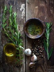 Aufkleber - A rustic wooden table with fresh Mediterranean herbs like rosemary, thyme, and oregano, olive oil, and garlic cloves. Generative AI