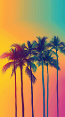 Wall Mural - The retro poster-style design features vibrant colors with a yellow-pink-orange gradient background and palm trees.