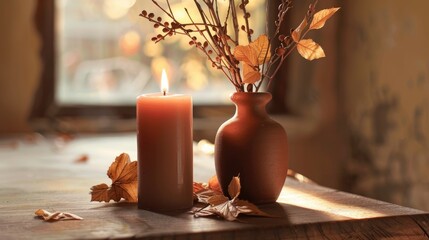Wall Mural - Burning candle fall leaves and dried willow branches in vase on indoor table