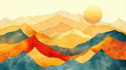 Wall Mural - A vibrant painting of a mountain range with the sun shining through the orangetinted mountains, showcasing creative use of tints and shades and triangular shapes AIG50