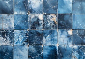 A close-up view of vintage blue marble tiles arranged vertically. The tiles display a textured appearance with various shades of blue, white veining, and signs of wear, giving them a unique,