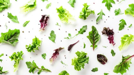 Wall Mural - Assorted salad leaves on white background Healthy food concept Top view with copy space