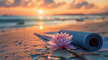 Wall Mural - Sunrise Beach Scene: Neatly Rolled Yoga Mat and Lotus Flower in Tranquil Setting