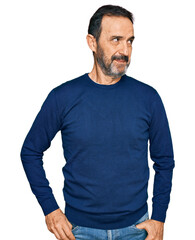 Poster - Middle age hispanic man wearing casual clothes smiling looking to the side and staring away thinking.