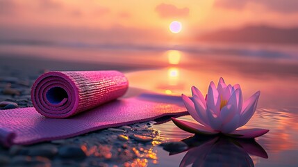 Wall Mural - Serene Beach at Sunrise: Vibrant Yoga Mat and Delicate Lotus Flower Arrangement