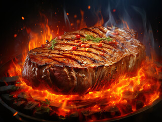 Flame grilled meat sizzling on metal grate