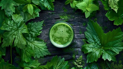 Wall Mural - A vibrant green smoothie surrounded by fresh green leaves on dark wooden background, nature and health concept