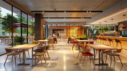 Poster - A modern student lounge with spacious dining tables and comfortable seating areas, perfect for studying, socializing, and relaxing. Generative AI